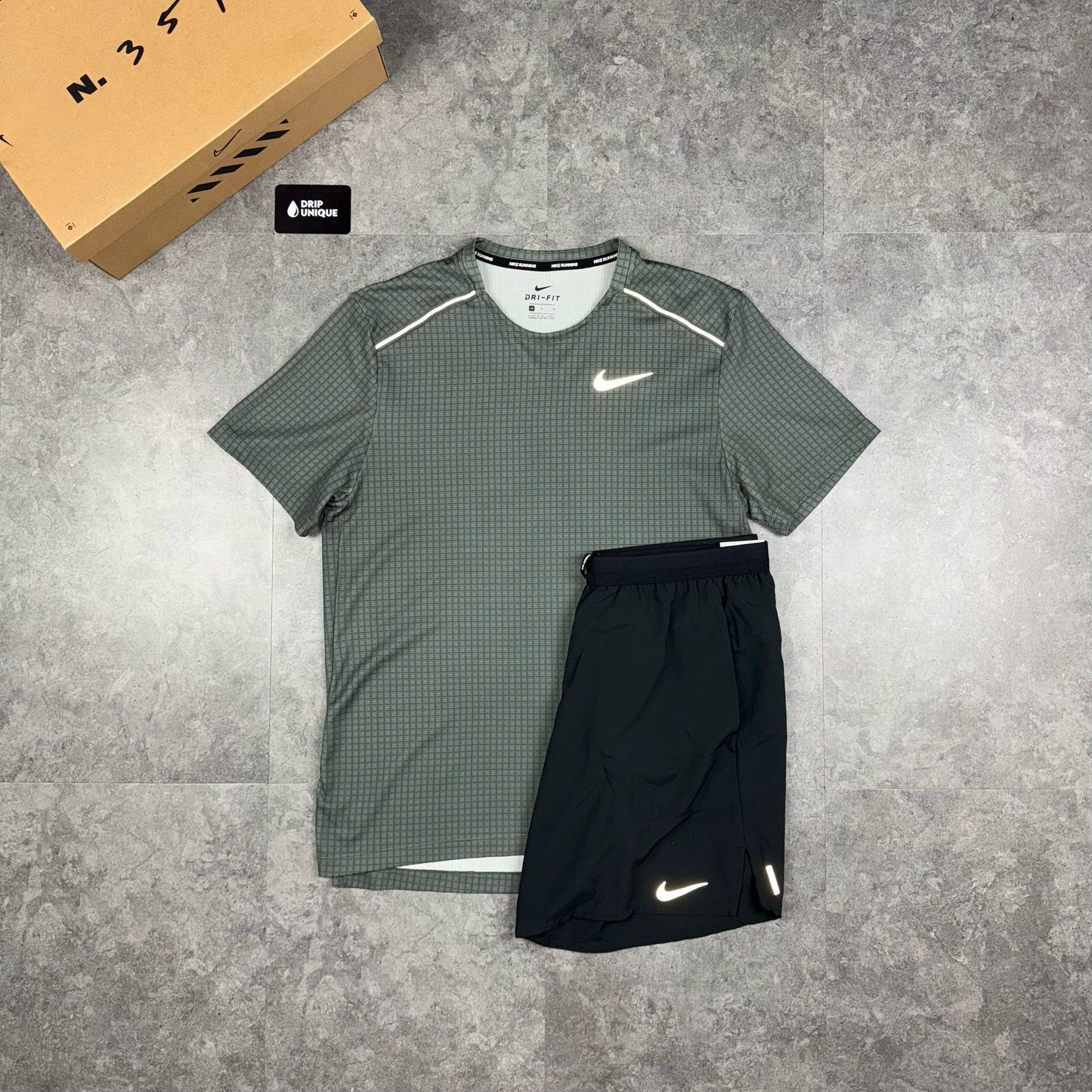 Nike Hex Miler T-Shirt Green & Black Flex Stride Shorts Set