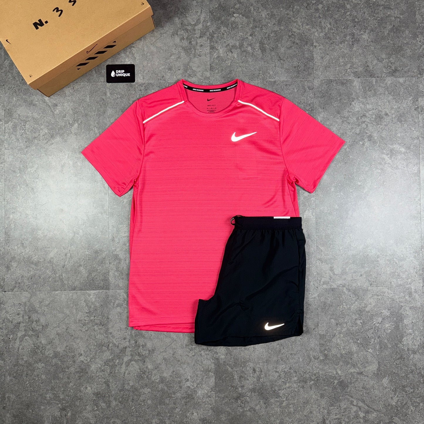 Nike Miler T-Shirt Aster Pink & Black Flex Stride Shorts Set