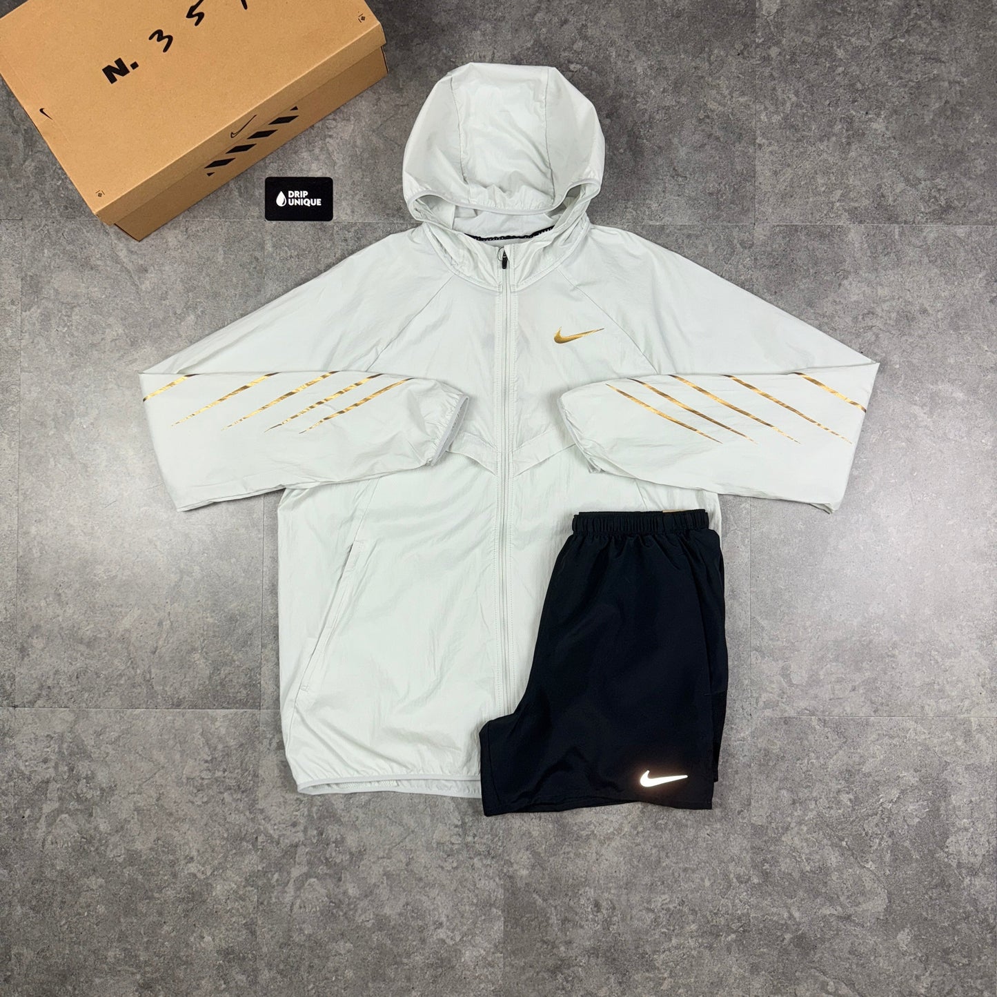 Nike UV Windrunner Jacket White & Gold & Black Challenger Shorts Set