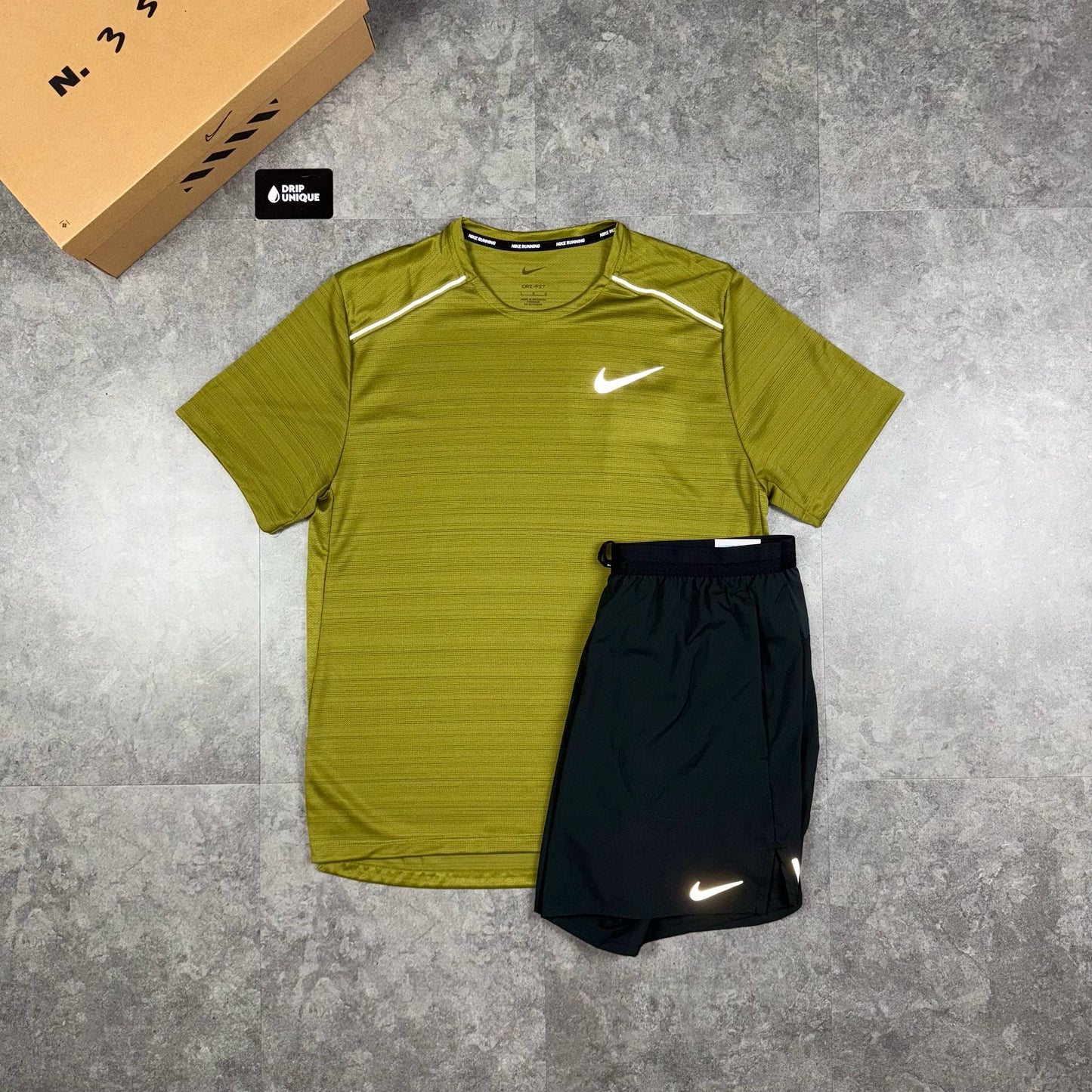 Nike Miler T-Shirt Pacific Moss & Black Flex Stride Shorts Set